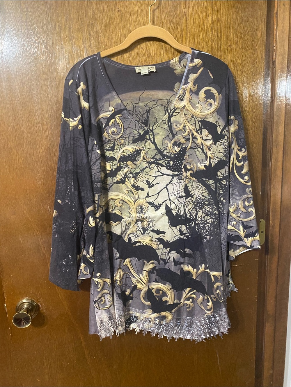 ONE WORLD Black and Gold Long Sleeve Tee with Bat & Scroll Print